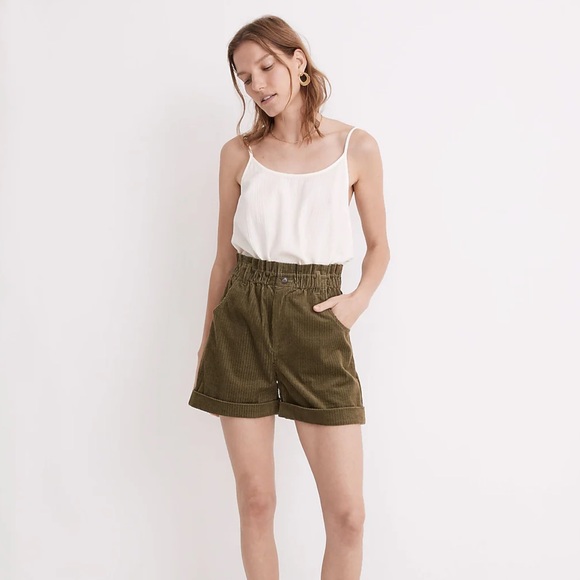 Madewell Pants - MADEWELL Green Corduroy Pull-On Paper-bag Shorts Size Medium